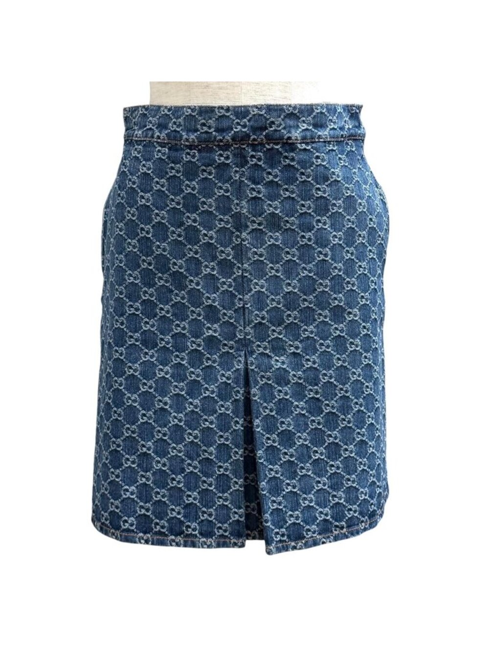 Gucci Cotton 100% GG Jacquard Box Pleat Denim Skirt Indigo 36